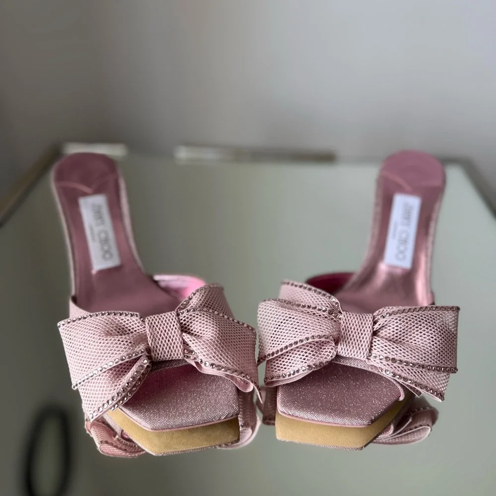 New JIMMY CHOO Jodi Bow-Embellished Glittered Mules pink - Picture 7 of 12